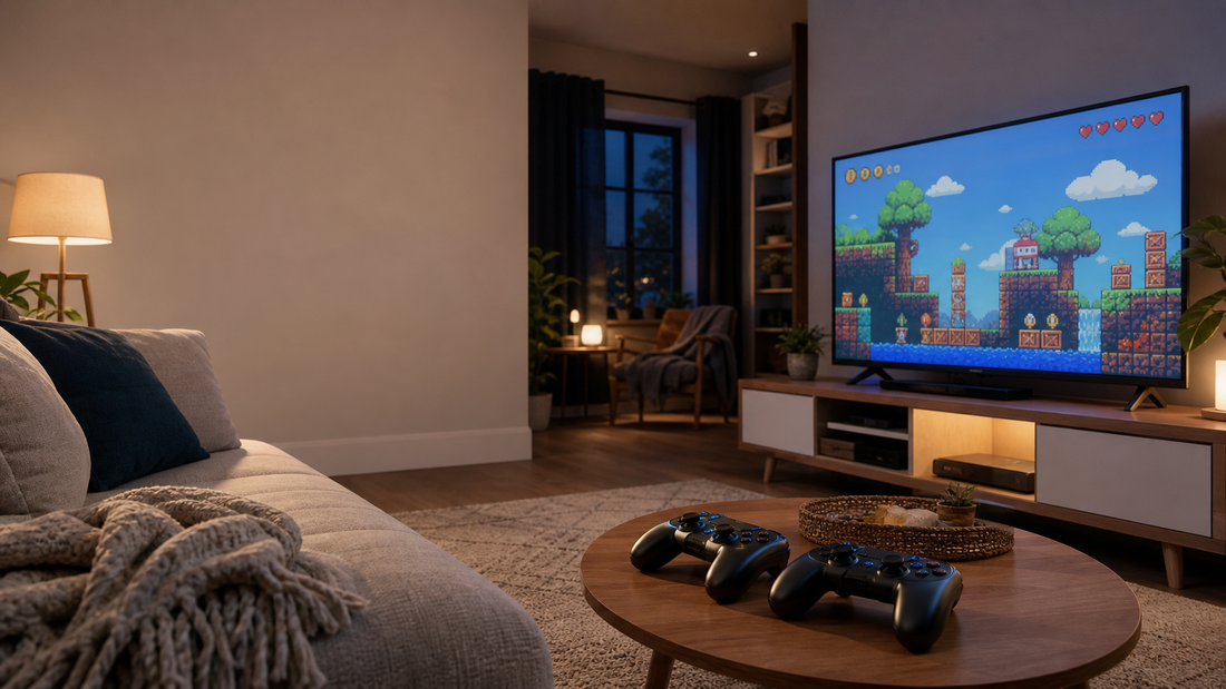 Cozy living room game night with UTBOX retro game stick on TV and wireless controllers